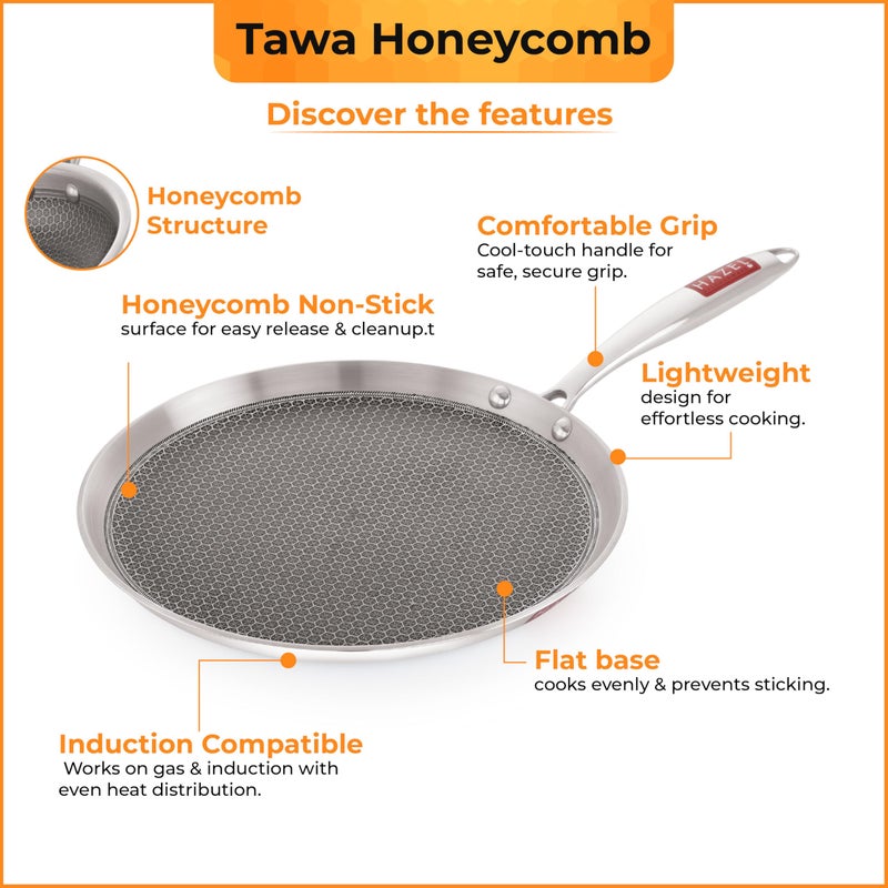 Hazel مقلاة هازيل غير لاصقة لدوسا 26.3 سم | مقلاة مسطحة من الفولاذ ثلاثي الطبقات بتصميم خلية النحل | متوافقة مع الحث والغاز - Image 4