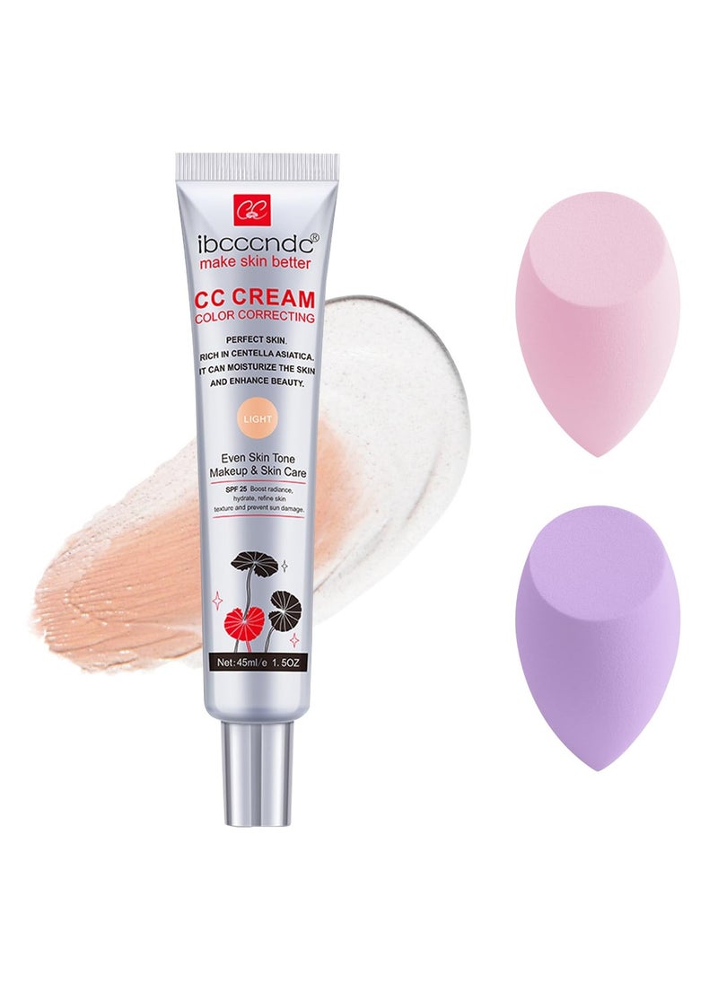 ibcccndc Color Correcting CC Cream,Invisible Pores Cream Foundation And nvisible Pores Concealer,CC Cream Foundation Rich In Centella Asiatic,Moisturizing And Waterproof CC Cream With Spf 25(LIGHT) With 2 Makeup Sponge  - Image 1