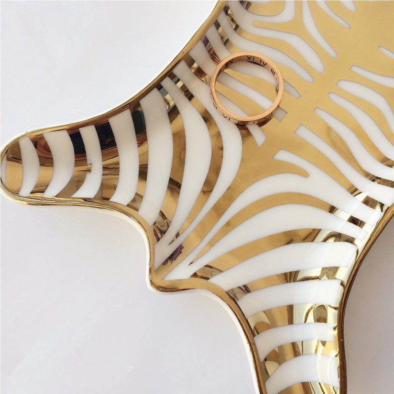 NUYKOUY Zebra Stripe Jewelry Tray Ceramic Dishes Plate Gilded 5.9", Gold - Image 5