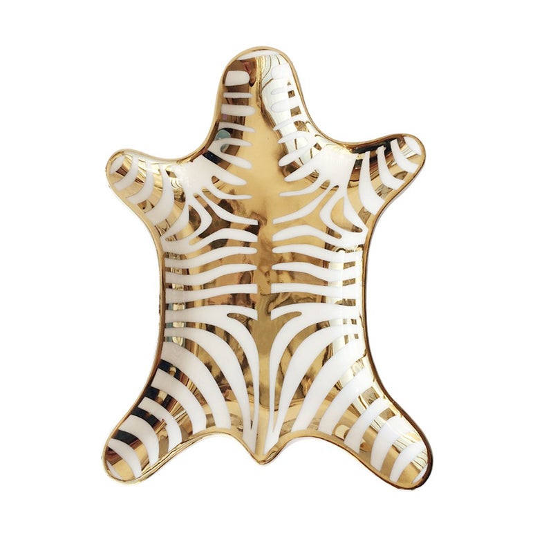NUYKOUY Zebra Stripe Jewelry Tray Ceramic Dishes Plate Gilded 5.9", Gold - Image 1