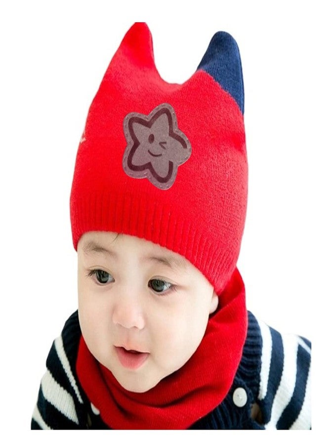 Zeki Cute Star Style Crochet Beanie Hat & Scarf Set for Baby Boys & Girl's (Red)-(1-3 Years) - Image 1