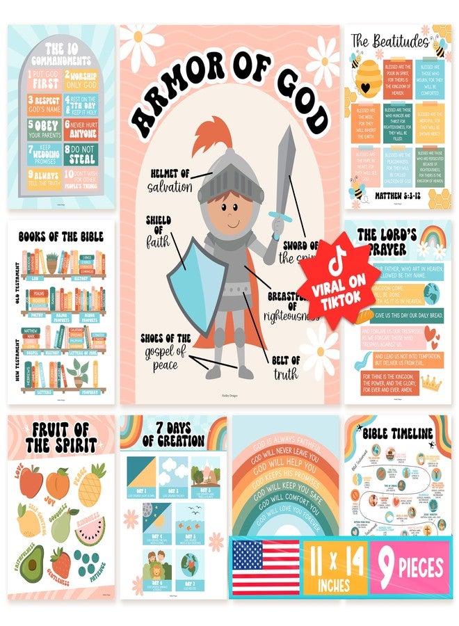 Hadley Designs Sunday School Decorations for Classroom - 9 Bible Posters for Kids, 11x14in Books of the Bible Poster, 10 Commandments, Fruits of the Spirit & More - Retro Christian Classroom Decor - Image 1