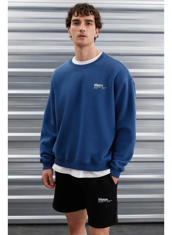 Grimelange Ernest Men's Ultra-Soft Fabric Oversized Fit Round Neck Printed Blue Sweatshirt.