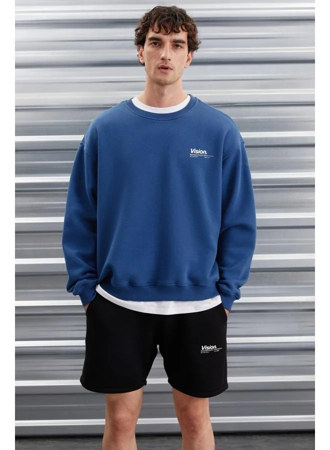 Grimelange Ernest Men's Ultra-Soft Fabric Oversized Fit Round Neck Printed Blue Sweatshirt.