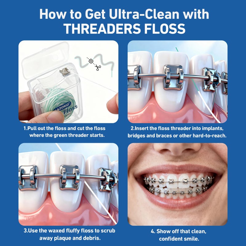 RAZOKO Threader Floss for Braces,Implants,Bridges-260 Count Pre-Measured Strands 2-in-1 Expanding Waxed Dental Floss for Deep Clean,Light Mint Flavored - Image 5