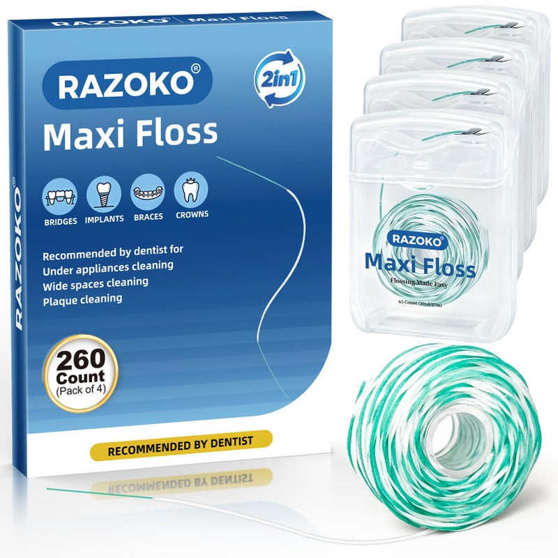 RAZOKO Threader Floss for Braces,Implants,Bridges-260 Count Pre-Measured Strands 2-in-1 Expanding Waxed Dental Floss for Deep Clean,Light Mint Flavored - Image 1