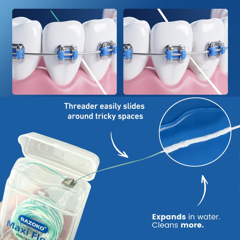 RAZOKO Threader Floss for Braces,Implants,Bridges-260 Count Pre-Measured Strands 2-in-1 Expanding Waxed Dental Floss for Deep Clean,Light Mint Flavored - Image 4