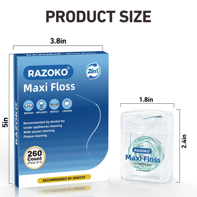 RAZOKO Threader Floss for Braces,Implants,Bridges-260 Count Pre-Measured Strands 2-in-1 Expanding Waxed Dental Floss for Deep Clean,Light Mint Flavored - Image 2