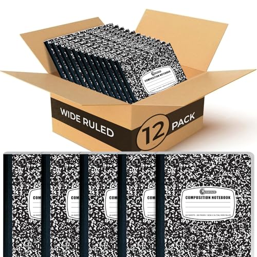 Rosmonde 12 Pack Composition Notebook Wide Ruled Bulk, 200 Pages (100 Sheets), 9-3/4 x 7-1/2", Hard Cover Wide Ruled Notebook Bulk, Black Marble Composition Notebooks, Bulk School Notebooks - Image 1