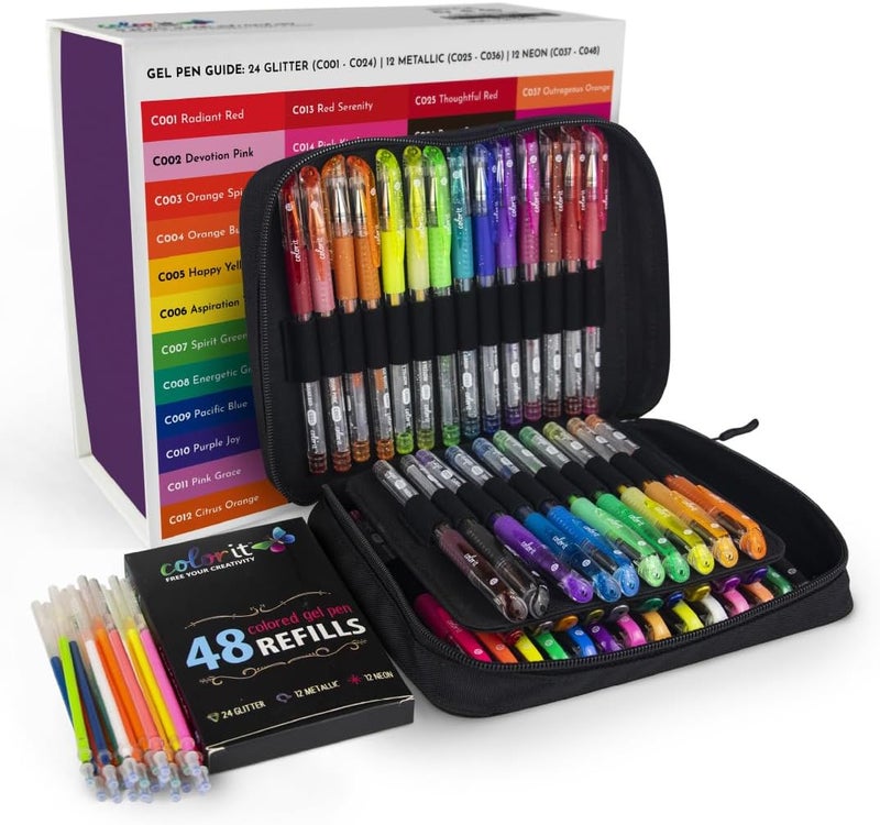 كولور إت أقلام جل لامعة ColorIt لكتب التلوين للبالغين، عبوة 96 قطعة – 48 قلمًا لامعًا عالي الجودة و48 خرطوشة للتعبئة المطابقة (مجموع 96 قلمًا جل لامعًا) - Image 1