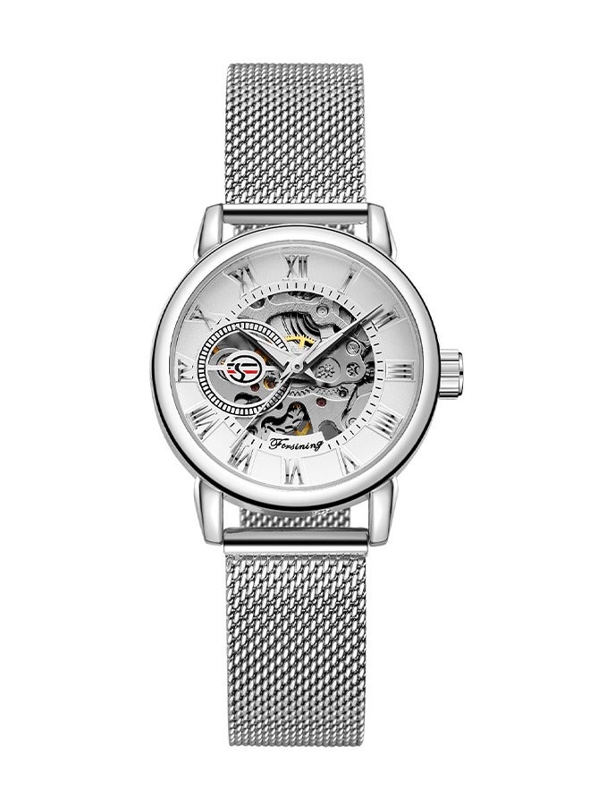 FORSINING ​​Forsining Women's Fashion Skeleton Watch - Silver-Tone Mesh Strap with White Skeleton Dial, Compact Case Size, Hand-Winding Movement, Elegant Casual Style for Daily Wear & Special Occasions​​ - Image 1