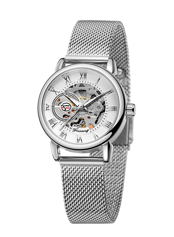 FORSINING ​​Forsining Women's Fashion Skeleton Watch - Silver-Tone Mesh Strap with White Skeleton Dial, Compact Case Size, Hand-Winding Movement, Elegant Casual Style for Daily Wear & Special Occasions​​ - Image 2