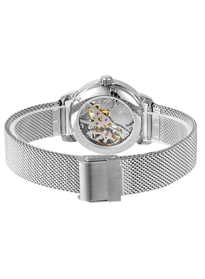 FORSINING ​​Forsining Women's Fashion Skeleton Watch - Silver-Tone Mesh Strap with White Skeleton Dial, Compact Case Size, Hand-Winding Movement, Elegant Casual Style for Daily Wear & Special Occasions​​ - Image 3