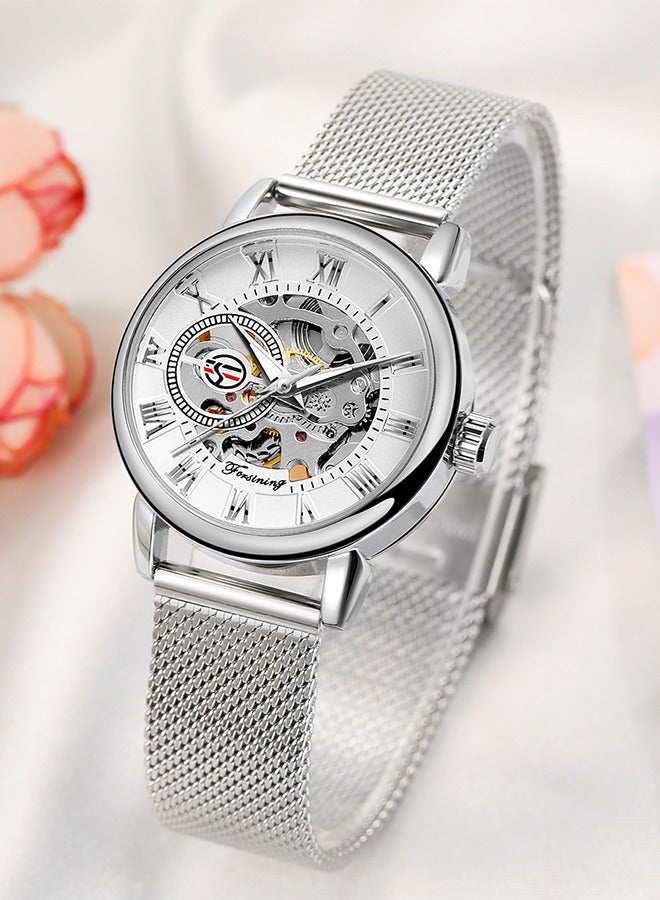 FORSINING ​​Forsining Women's Fashion Skeleton Watch - Silver-Tone Mesh Strap with White Skeleton Dial, Compact Case Size, Hand-Winding Movement, Elegant Casual Style for Daily Wear & Special Occasions​​ - Image 4