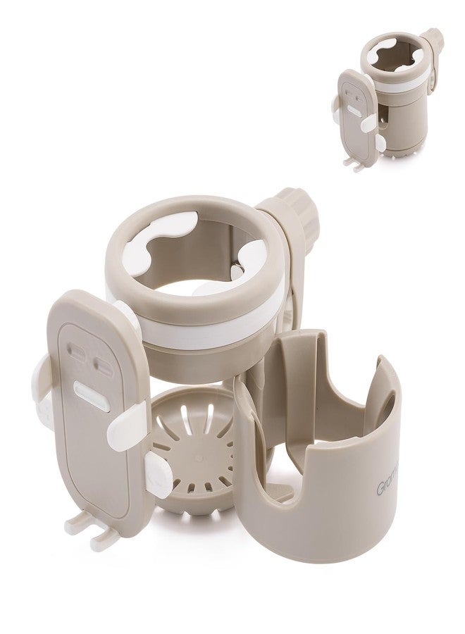 Gromast Universal Stroller Cup Holder with Phone Holder, 3-in-1 Detachable Drink Holder 360° Rotatable, Adjustable Cup Holder for Baby Stroller, Tricycle - Khaki - Image 1