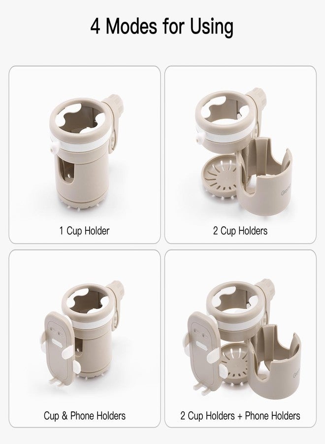 Gromast Universal Stroller Cup Holder with Phone Holder, 3-in-1 Detachable Drink Holder 360° Rotatable, Adjustable Cup Holder for Baby Stroller, Tricycle - Khaki - Image 4