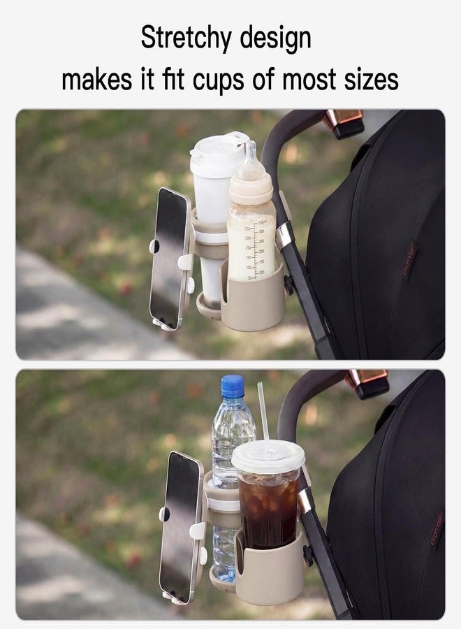 Gromast Universal Stroller Cup Holder with Phone Holder, 3-in-1 Detachable Drink Holder 360° Rotatable, Adjustable Cup Holder for Baby Stroller, Tricycle - Khaki - Image 2
