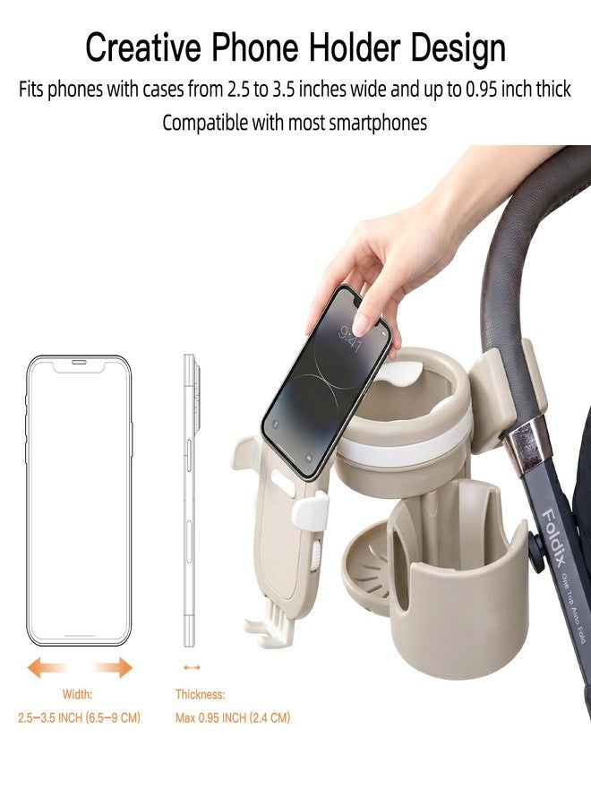Gromast Universal Stroller Cup Holder with Phone Holder, 3-in-1 Detachable Drink Holder 360° Rotatable, Adjustable Cup Holder for Baby Stroller, Tricycle - Khaki - Image 3