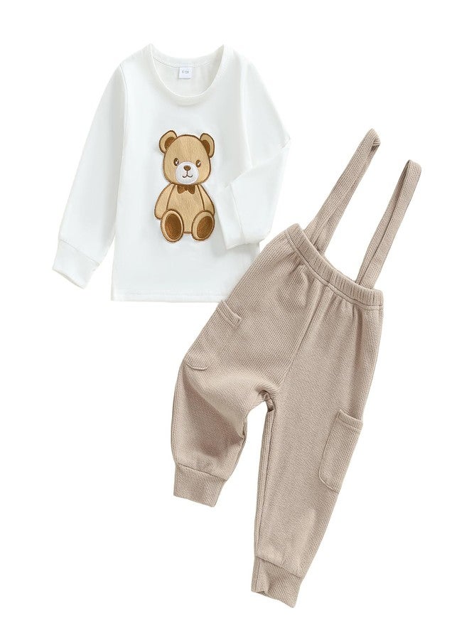 Gureui Toddler Baby Boy Fall Outfit Bear Embroidery Long Sleeve Tops Suspender Pants Infant Clothes Set (A White Bear, 12-18 Months) - Image 1