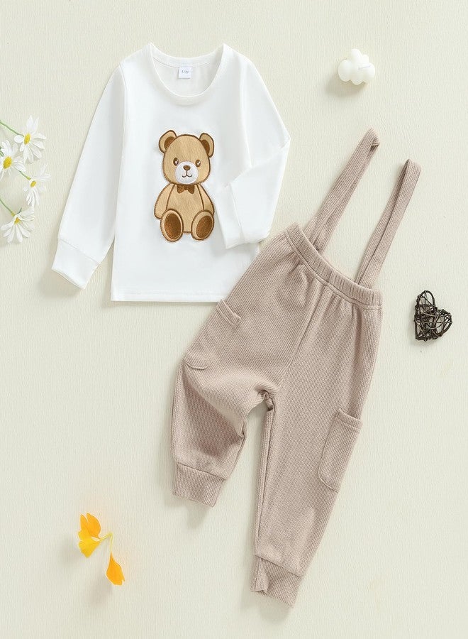 Gureui Toddler Baby Boy Fall Outfit Bear Embroidery Long Sleeve Tops Suspender Pants Infant Clothes Set (A White Bear, 12-18 Months) - Image 2