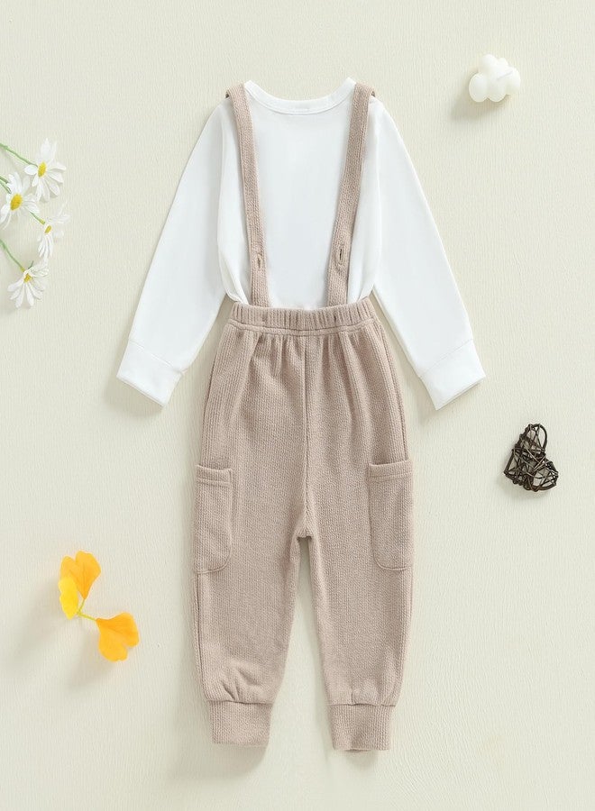 Gureui Toddler Baby Boy Fall Outfit Bear Embroidery Long Sleeve Tops Suspender Pants Infant Clothes Set (A White Bear, 12-18 Months) - Image 3