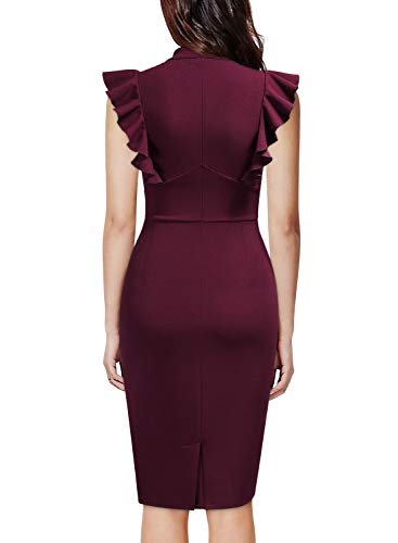 Knitee Women's Vintage Ruffle Sleeve V-Neck Bodycon Evening Party Cocktail Pencil Sheath Dress (Burgundy, X-Large) - Image 2