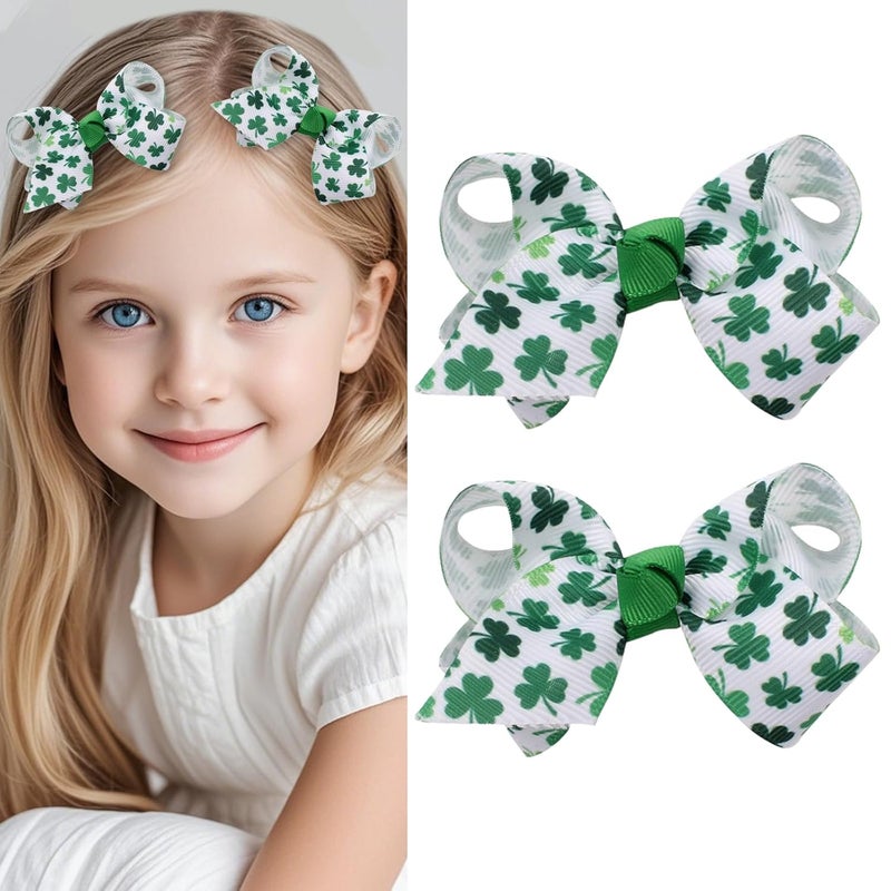 Totelux St Patricks Day Bow Hair Clips Green Shamrock Print Hair Barrettes Clover Bowknot Hairpin Grosgrain Ribbon St Patricks Day Hair Accessories for Women Girls 2PCS