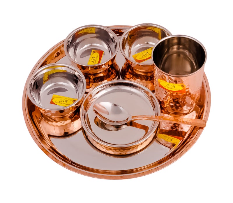 Shiv Shakti Arts® Stainless Steel Copper Dinner Thali Set, (7 Pieces - Luxury Hammer Design) Anarkali Dinner Set - Image 2