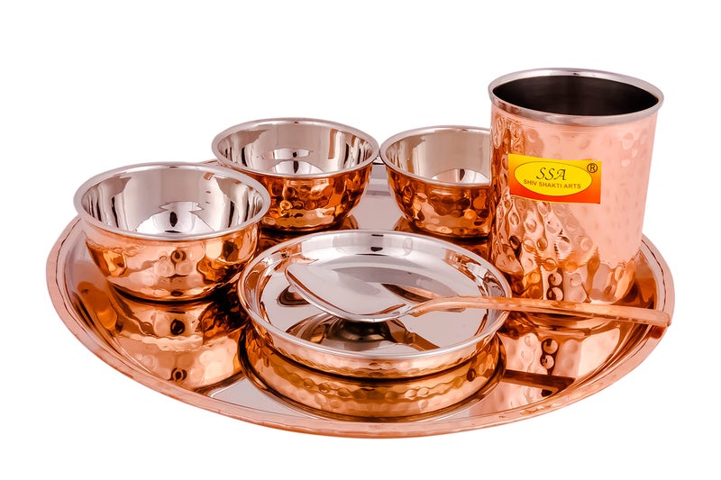 Shiv Shakti Arts® Stainless Steel Copper Dinner Thali Set, (7 Pieces - Luxury Hammer Design) Anarkali Dinner Set - Image 1