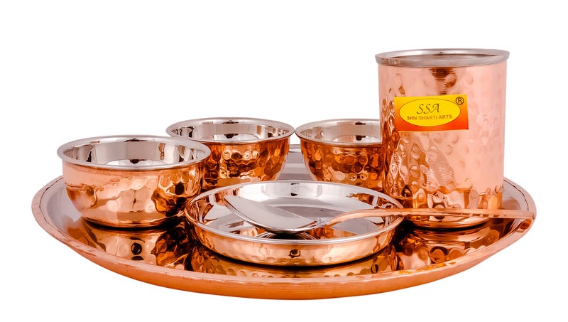 Shiv Shakti Arts® Stainless Steel Copper Dinner Thali Set, (7 Pieces - Luxury Hammer Design) Anarkali Dinner Set - Image 3