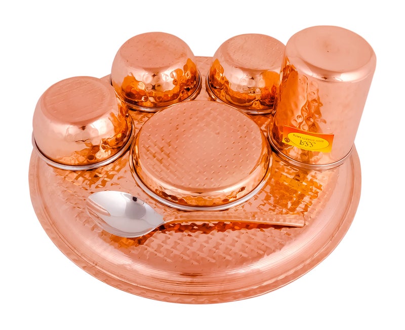 Shiv Shakti Arts® Stainless Steel Copper Dinner Thali Set, (7 Pieces - Luxury Hammer Design) Anarkali Dinner Set - Image 4