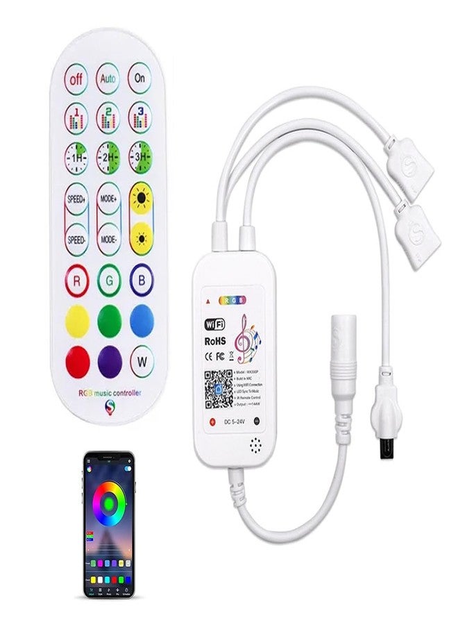 TECPHILE RGB 4 Pin 2 Port Smart Strip Light Controller with 24 Key IR Remote, Music Sync, App Control, Timing Function Supports SMD 5050 3528 2835 RGB LED Strip Lights (RGB - 4 Pin 2 Port (White) Wifi) - Image 1