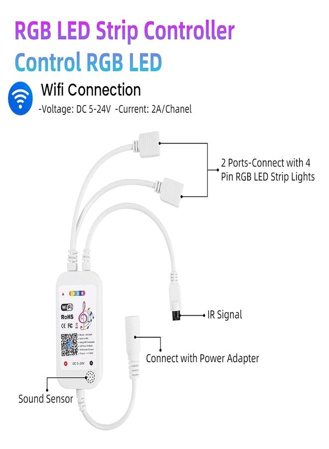 TECPHILE RGB 4 Pin 2 Port Smart Strip Light Controller with 24 Key IR Remote, Music Sync, App Control, Timing Function Supports SMD 5050 3528 2835 RGB LED Strip Lights (RGB - 4 Pin 2 Port (White) Wifi) - Image 2
