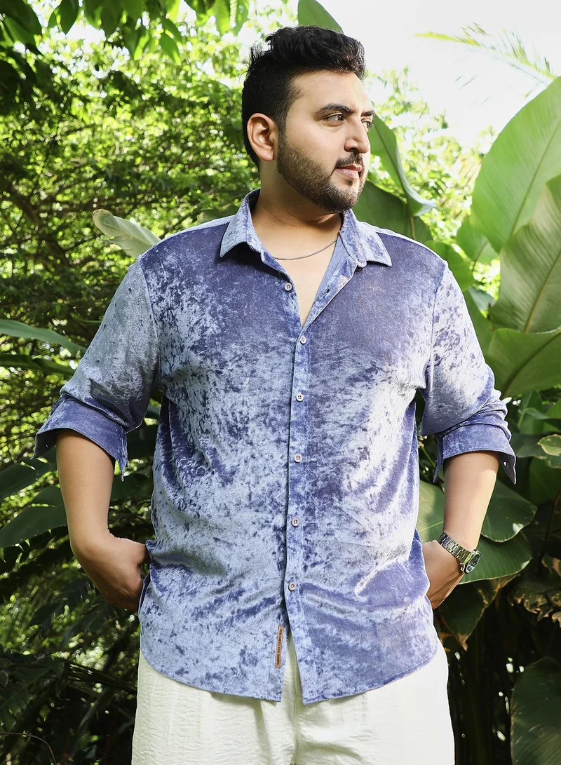 انستافاب بلس Instafab Plus Men's Cornflower Blue Solid Velvet Shirt For Casual Wear | Spread Collar | Long Cuffed Sleeves | Button Closure | Plus Size Shirt Crafted With Comfort Fit For Everyday Wear