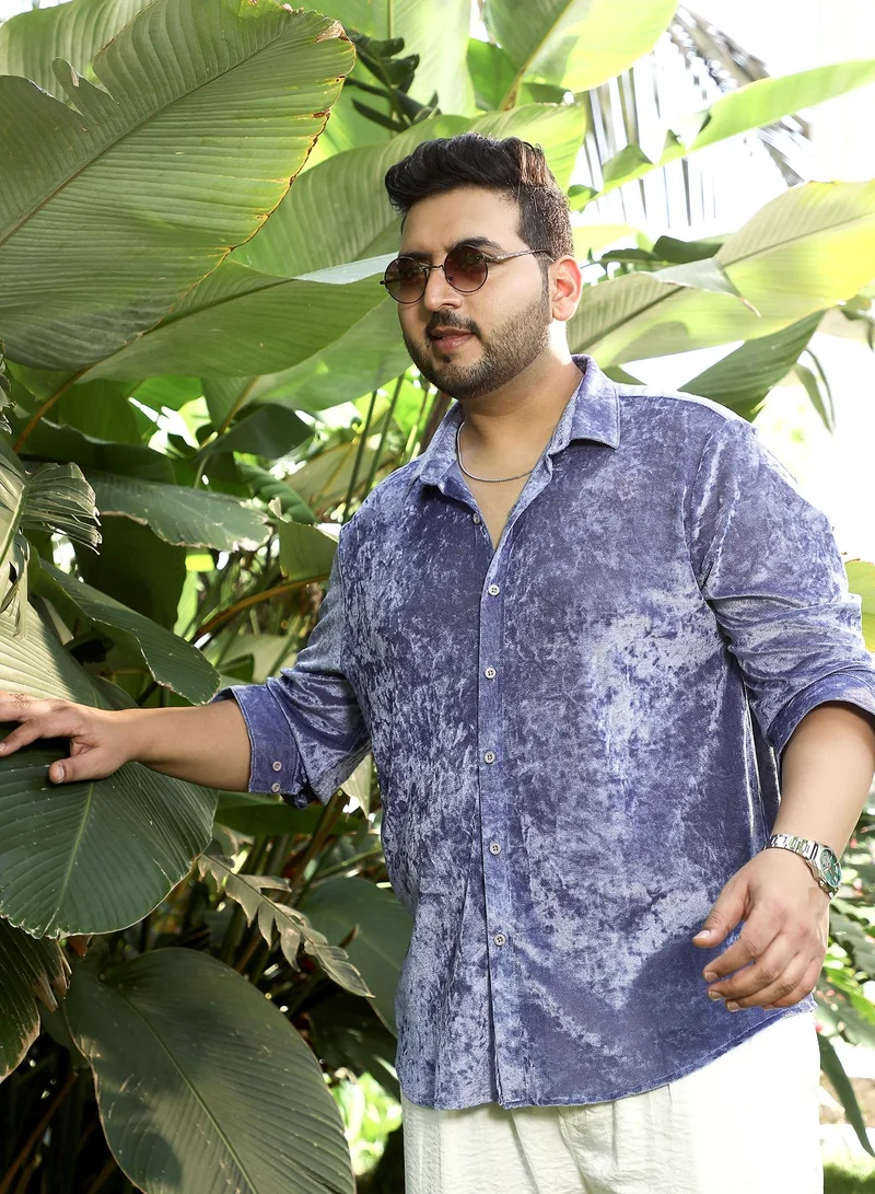انستافاب بلس Instafab Plus Men's Cornflower Blue Solid Velvet Shirt For Casual Wear | Spread Collar | Long Cuffed Sleeves | Button Closure | Plus Size Shirt Crafted With Comfort Fit For Everyday Wear