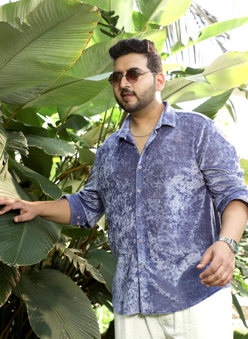 Instafab Plus Instafab Plus Men's Cornflower Blue Solid Velvet Shirt For Casual Wear | Spread Collar | Long Cuffed Sleeves | Button Closure | Plus Size Shirt Crafted With Comfort Fit For Everyday Wear - Image 1