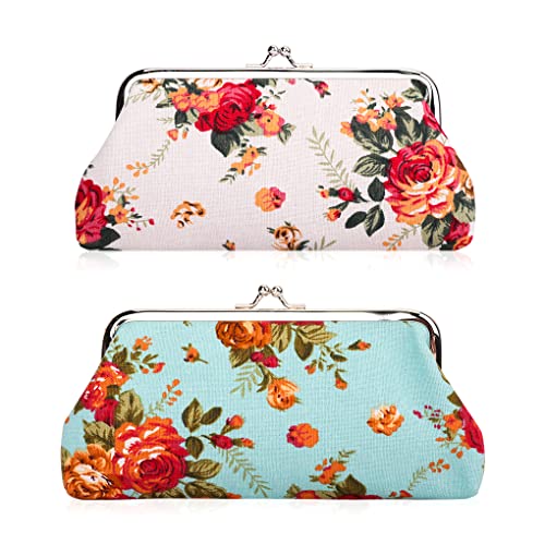 Oyachic 2 Pcs Large Coin Purse,Floral Change Purse,Long Wallets Clasp Kiss Lock, Vintage Coin Pouch for Woman Girls - Image 1