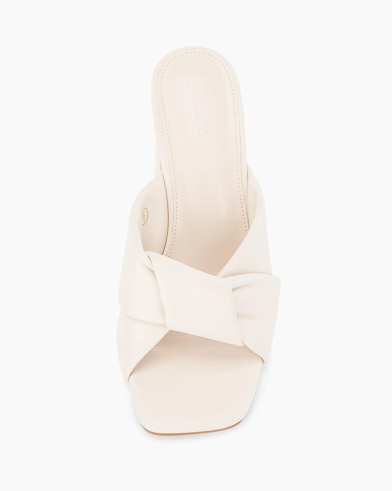 Coutgo Womens Chunky Heeled Mules Puffy Knot Square Open Toe Slip On Sandals Summer Evening Party Prom Shoes, White, Size 8.5 - Image 5