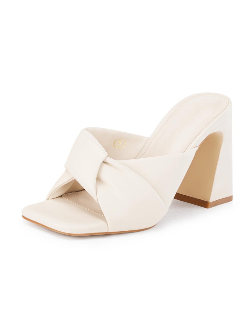 Coutgo Womens Chunky Heeled Mules Puffy Knot Square Open Toe Slip On Sandals Summer Evening Party Prom Shoes, White, Size 8.5 - Image 1