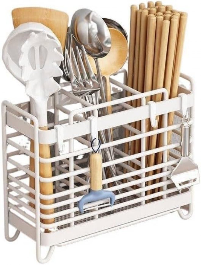 GLigeT Utensil Caddy Metal Hollow Out Kitchen Utensil Holder with 3 Compartments, Wall Mount/Countertop Utensil Drying Racks, White Utensil Caddy with Drain Tray and Hooks Utensil Holder - Image 1