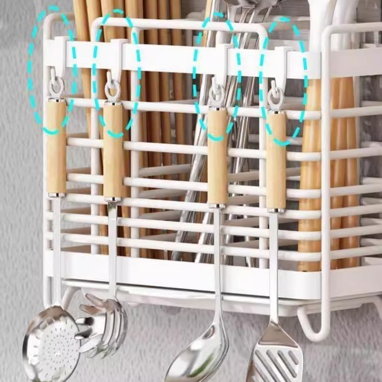 GLigeT Utensil Caddy Metal Hollow Out Kitchen Utensil Holder with 3 Compartments, Wall Mount/Countertop Utensil Drying Racks, White Utensil Caddy with Drain Tray and Hooks Utensil Holder - Image 4