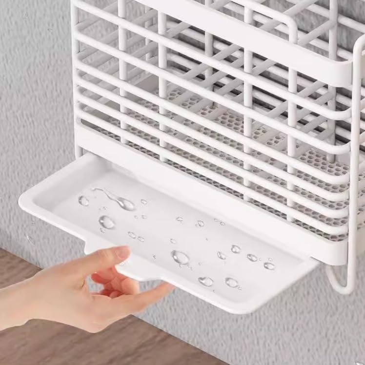 GLigeT Utensil Caddy Metal Hollow Out Kitchen Utensil Holder with 3 Compartments, Wall Mount/Countertop Utensil Drying Racks, White Utensil Caddy with Drain Tray and Hooks Utensil Holder - Image 5