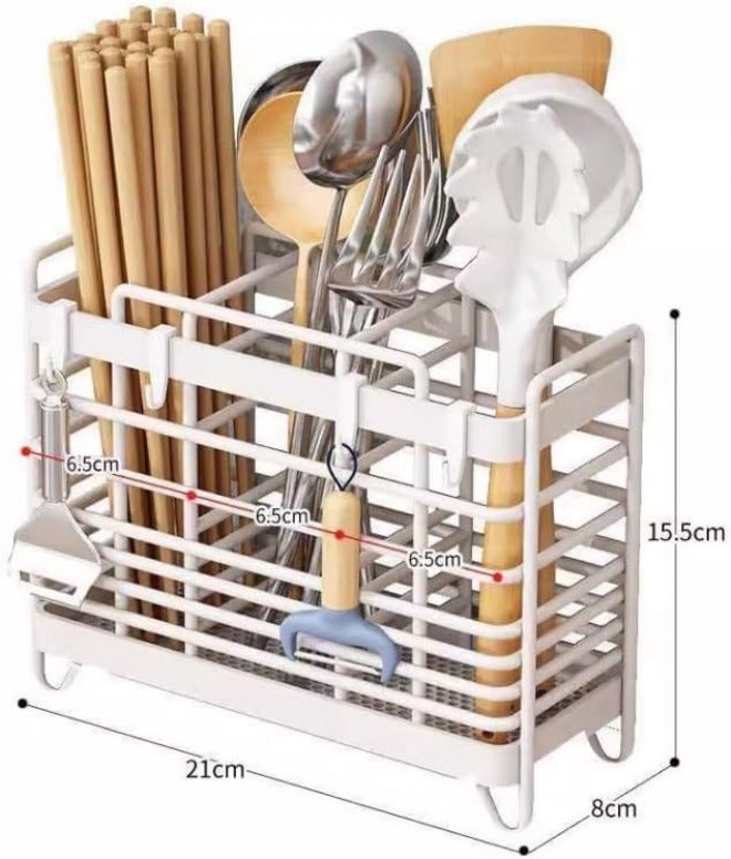 GLigeT Utensil Caddy Metal Hollow Out Kitchen Utensil Holder with 3 Compartments, Wall Mount/Countertop Utensil Drying Racks, White Utensil Caddy with Drain Tray and Hooks Utensil Holder - Image 2