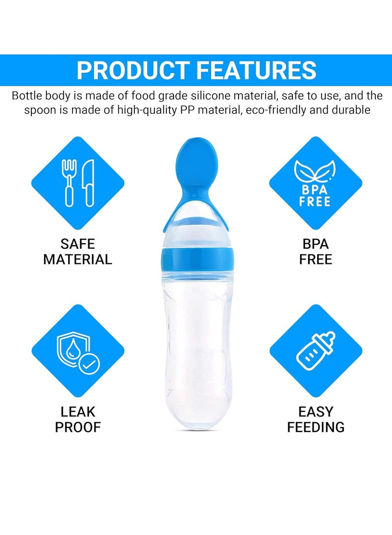 أطفال صغيرة وعاء طعام، زجاجة رضاعة من السيليكون مع ملعقة وشفط، أدوات مائدة ملعقة طعام 90 مل، أدوات مائدة تغذية متعددة الوظائف، دواء ومعالج طعام باللون الأزرق - Image 2