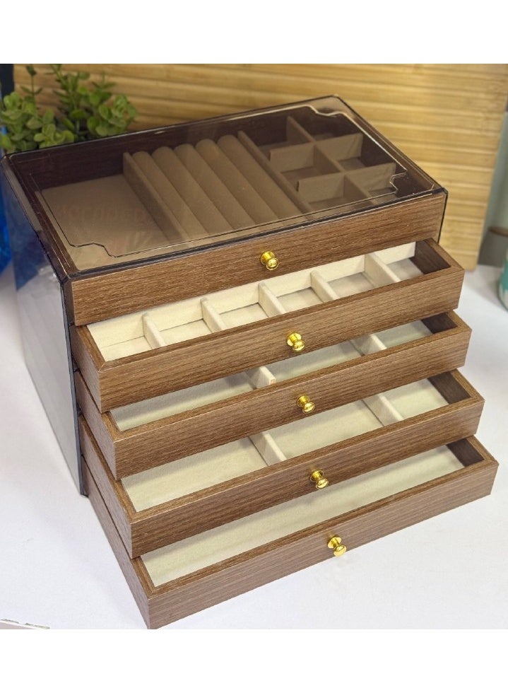 5-Tier Accessory Box Stylish design featuring elegant wood and a transparent lid Multiple drawers Smart compartments for rings, necklaces, bracelets, and earrings Keeps your accessories organized and scratch-free Sophisticated look that complements any dressing area style - Image 1