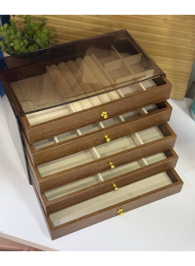 5-Tier Accessory Box Stylish design featuring elegant wood and a transparent lid Multiple drawers Smart compartments for rings, necklaces, bracelets, and earrings Keeps your accessories organized and scratch-free Sophisticated look that complements any dressing area style - Image 3