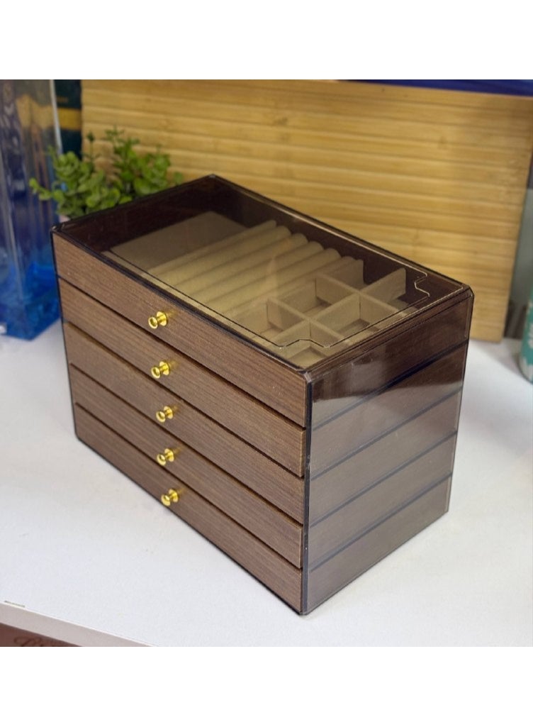 5-Tier Accessory Box Stylish design featuring elegant wood and a transparent lid Multiple drawers Smart compartments for rings, necklaces, bracelets, and earrings Keeps your accessories organized and scratch-free Sophisticated look that complements any dressing area style - Image 2