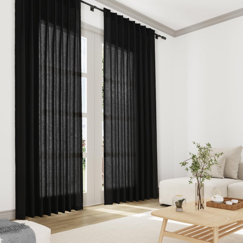 Joywell Primitive Linen Pinch Pleated Curtains 102 Inch Long Back Tab Clip Rings Semi Sheer Light Filtering Drapes with Hooks Privacy for Bedroom Living Room Laundry W50 x L102 Black 2 Panels Set - Image 5