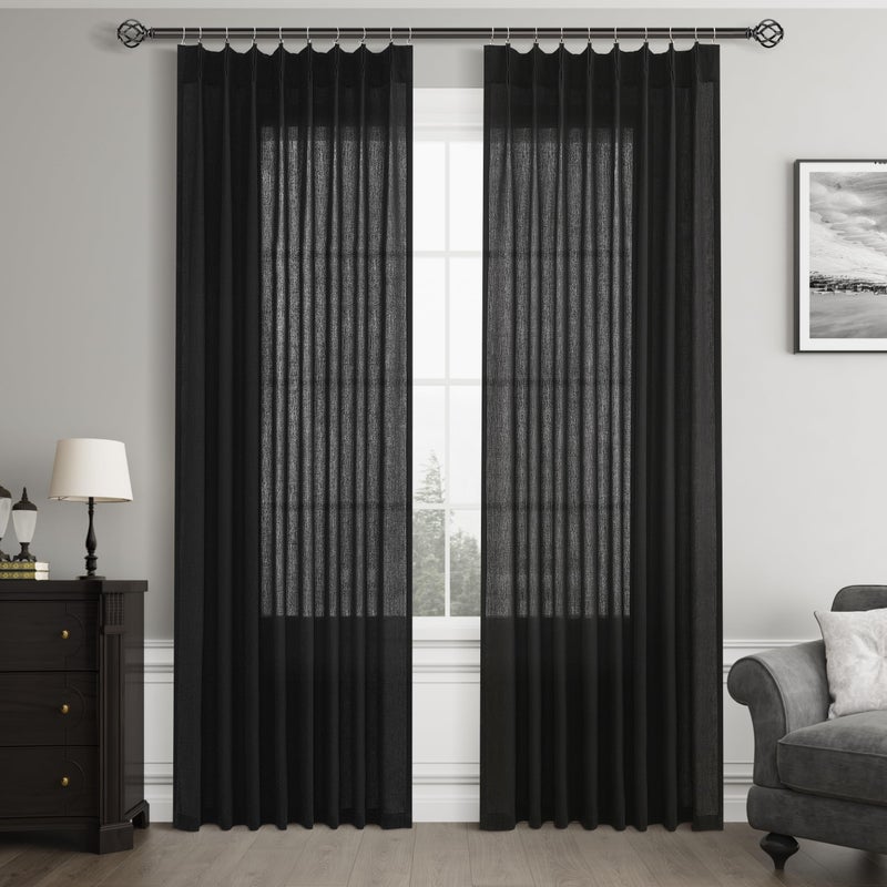 Joywell Primitive Linen Pinch Pleated Curtains 102 Inch Long Back Tab Clip Rings Semi Sheer Light Filtering Drapes with Hooks Privacy for Bedroom Living Room Laundry W50 x L102 Black 2 Panels Set - Image 1