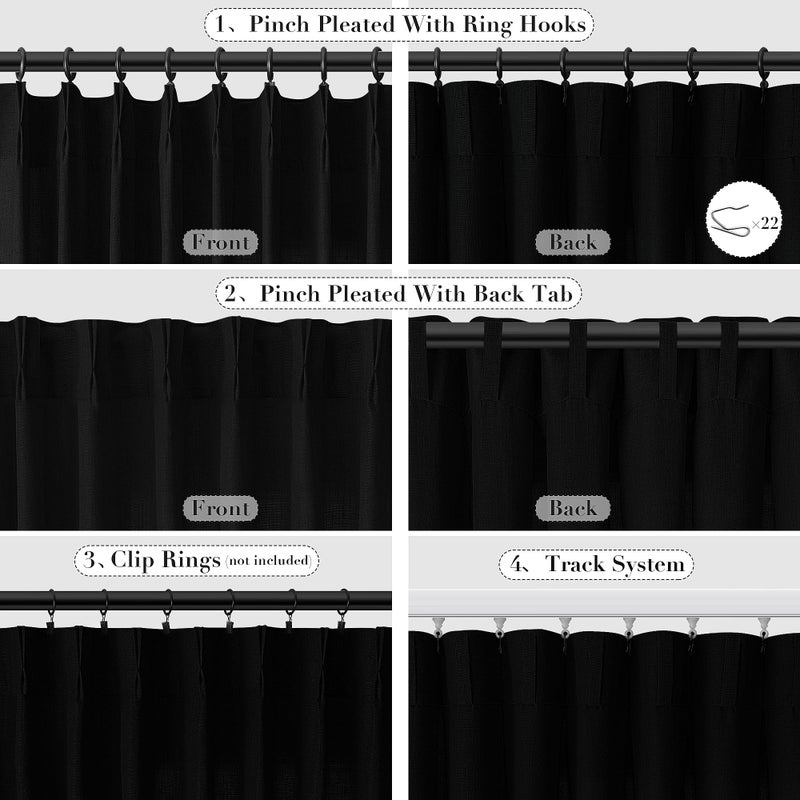 Joywell Primitive Linen Pinch Pleated Curtains 102 Inch Long Back Tab Clip Rings Semi Sheer Light Filtering Drapes with Hooks Privacy for Bedroom Living Room Laundry W50 x L102 Black 2 Panels Set - Image 2